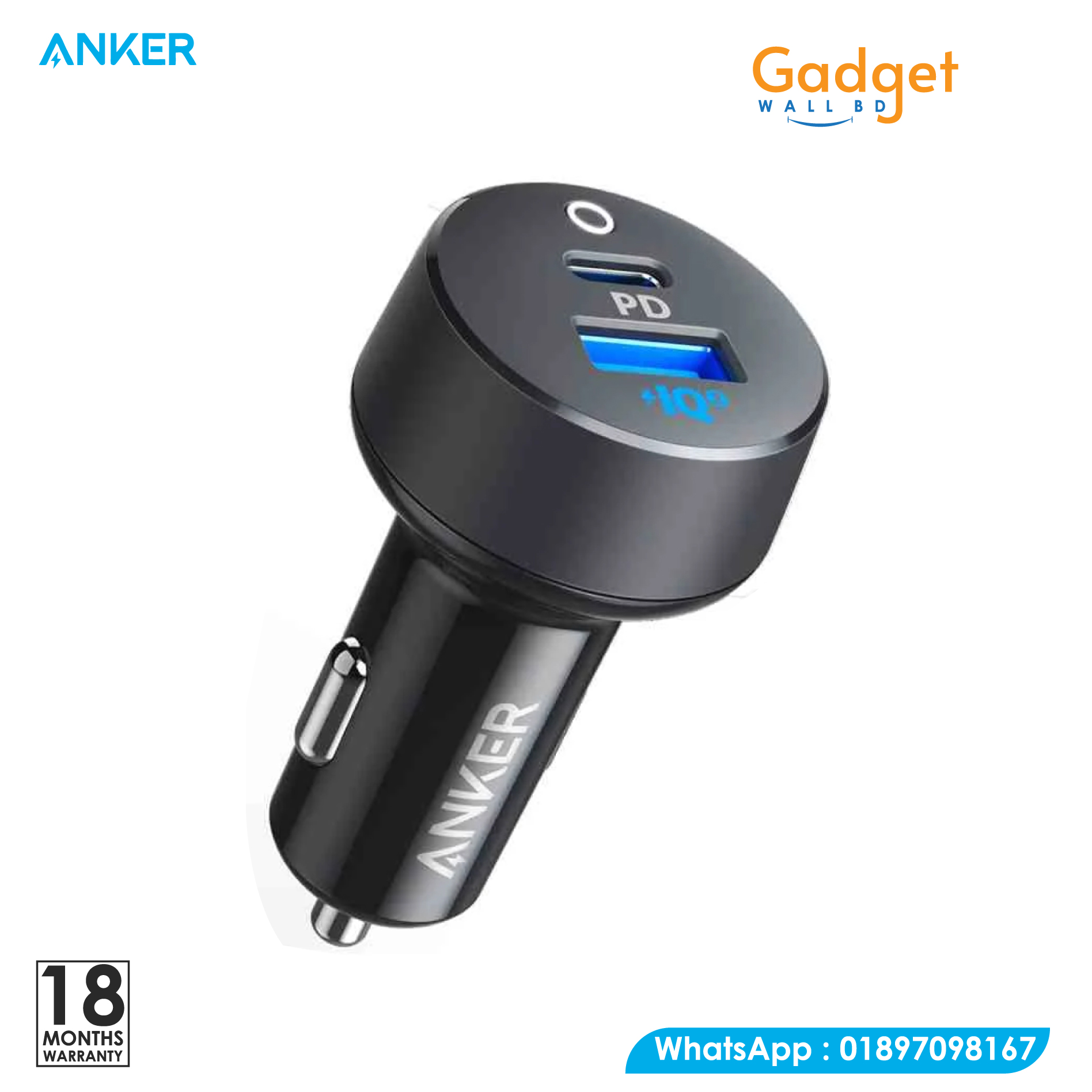 Anker PowerDrive PD+2 Car Charger 18W USB-C & 15W USB-A